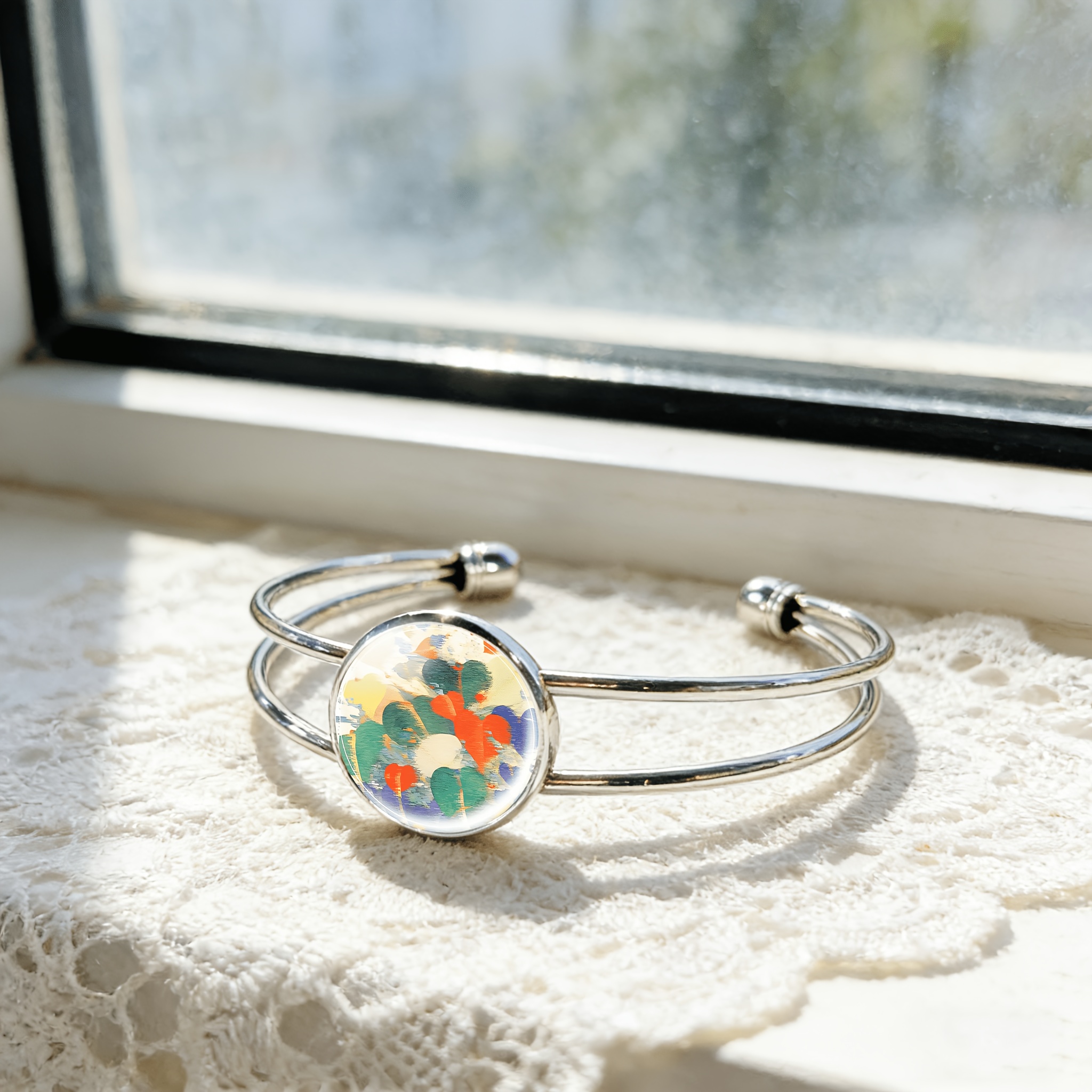 Women's Adjustable Round Time Gemstone Inlaid Bangle with Abstract Art Design